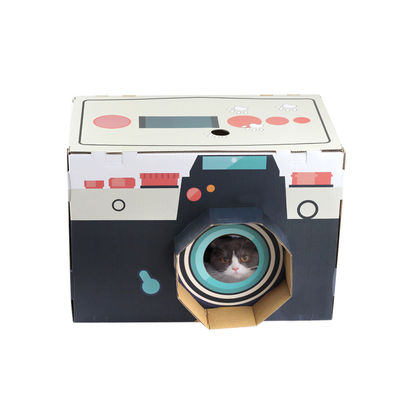 Cat House Scratcher Retro Camera Shape Cat Lounge با Scratch Pad راه راه مقوایی غار تختخواب کننده