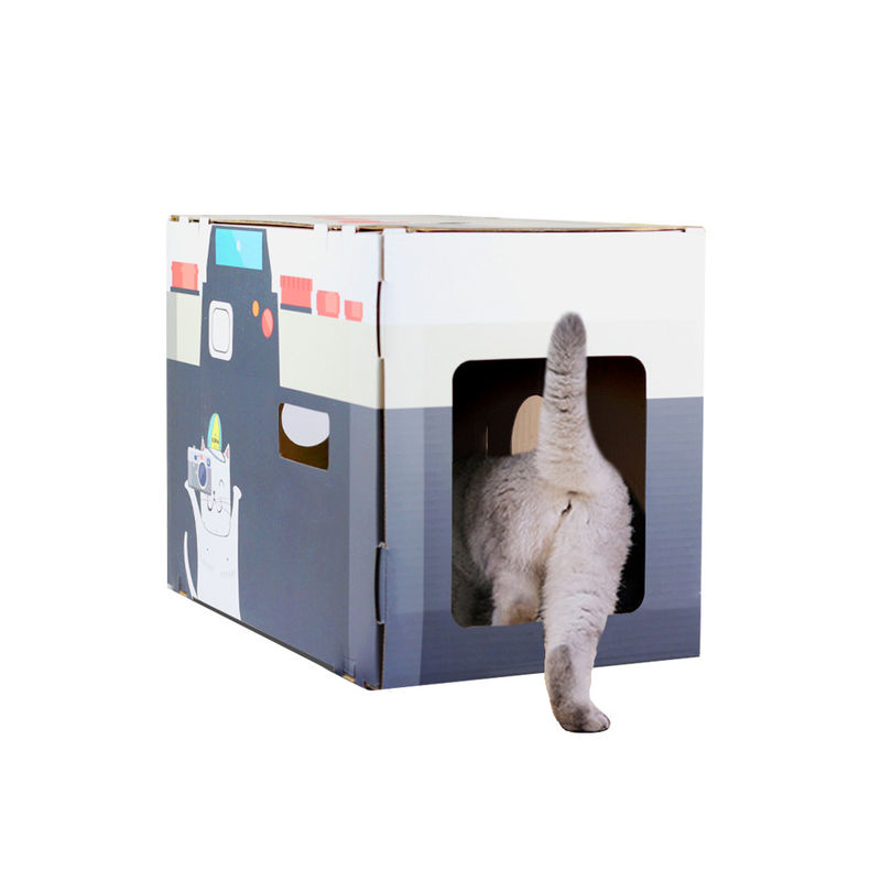 Cat House Scratcher Retro Camera Shape Cat Lounge با Scratch Pad راه راه مقوایی غار تختخواب کننده